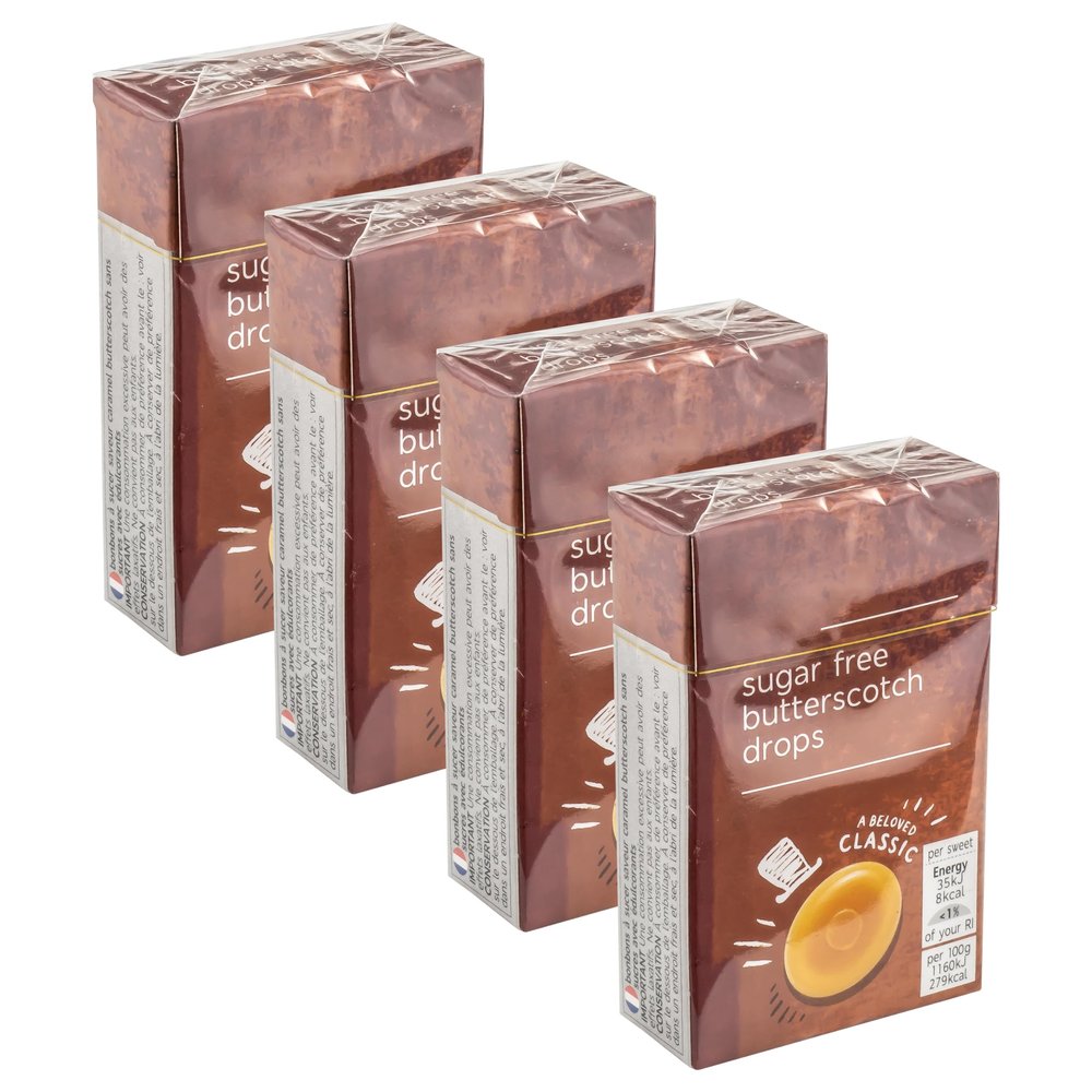 Premium Sugar Free Butterscotch Drops, Hard Boiled Candy Sweets with Sweeteners, Vegetarian - Set of 4 x 42g Boxes
