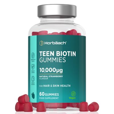 Biotin Hair Growth Gummies for Teens 10,000mcg | Hair and Skin Supplement for Teenagers | Strawberry Flavour Tablet Alternative | Vegetarian and Vegan | 60 Count | by Horbaach