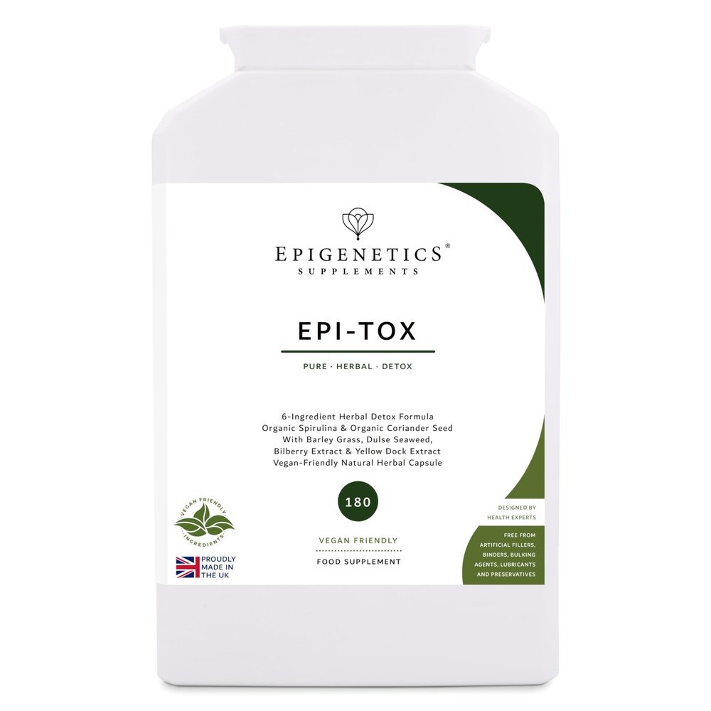 Epi-Tox | 450mg Herbal Detox Supplement | Organic Spirulina & Coriander + Barley, Dulse Seaweed & Bilberry | 180 Vegan Capsules UK Made | 1 Daily (6 Months)