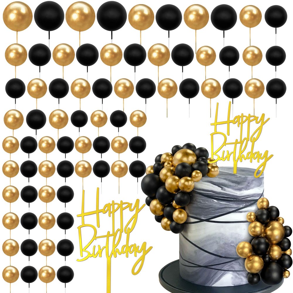 75 PCS Black and Gold Cake Decorations Balls Happy Birthday Insert Cards for DIY Cake Decoration Baby Shower Wedding Birthday Party