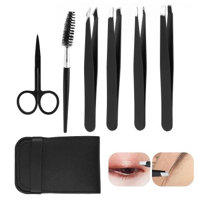 Bwetomk 6Pcs Professional Eyebrow Tweezers Set with Curved Stainless Steel Scissors Precision Tweezers for Eyebow Ingrown Hair Removal, Eyelash Extension, Hair, Chin, and Ingrown Hair Removal