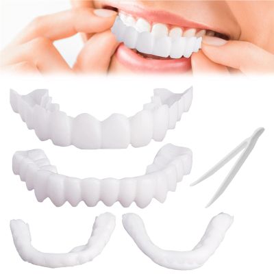 2 Pairs Cosmetic Teeth, Smile Veneers Snap in Teeth - Instant Perfect Snap on Veneers Fake Teeth - Fake Teeth Veneers To Make White Tooth Beautiful Neat, 2 Upper + 2 Lower