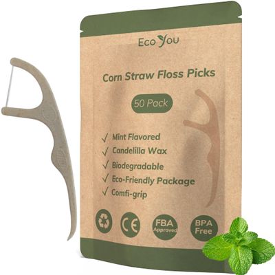 EcoYou Biodegradable Floss Picks  50 Count | Mint Dental Floss Sticks with Candelilla Wax | Eco-Friendly Teeth Cleaning