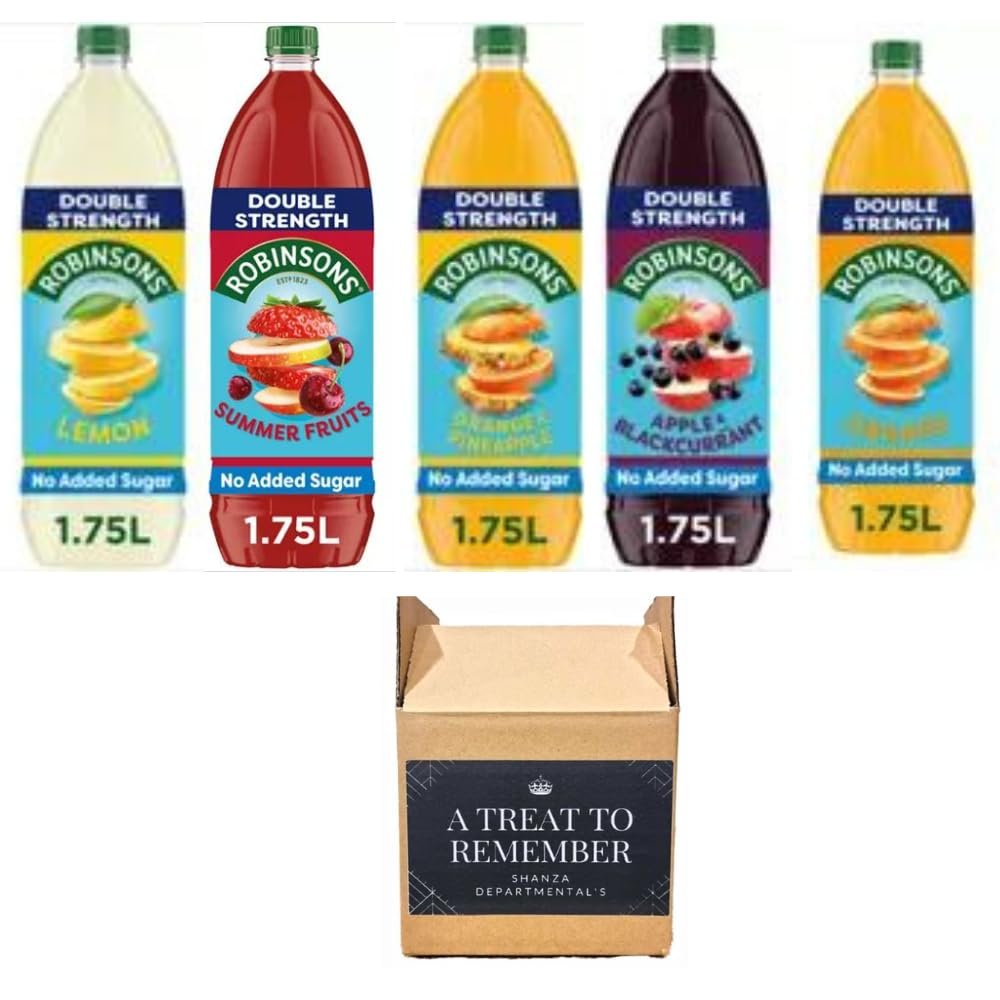 Robinson's Double Strength No Added Sugar Squash 1.75L Assorted Robinson's Concentrate Squash Pack Of 5 Apple & Blackcurrant, Orange & Pineapple, Summer Fruits, Orange, Lemon