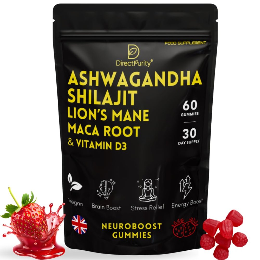NeuroBoost 5-in-1 Wellness Gummies Ashwagandha, Shilajit, Lions Mane, Maca Root & Vitamin D3 60 Vegan Gummies Supports Relaxation, Cognitive Function & Immune System High Strength Formula