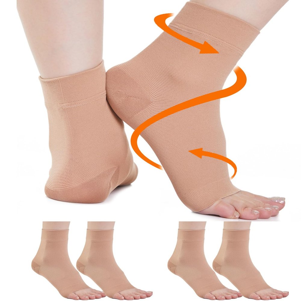 2 Pairs Plantar Fasciitis Compression Socks for Women & Men 20-30 mmHg, Ankle Support for Ligament Damage, Functional Socks for Neuropathy (2x Beige, M)