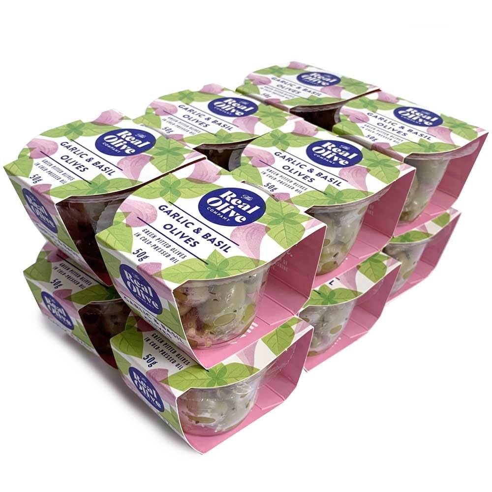 Real Olive Co Garlic & Basil Olives 50g Snack Pot - Pack of 12 | Pitted Green Olives | Healthy On-The-Go Snack | Deli Fresh to Your Door | with Cold Pressed Oil | Ready to Eat |Restaurant Quality