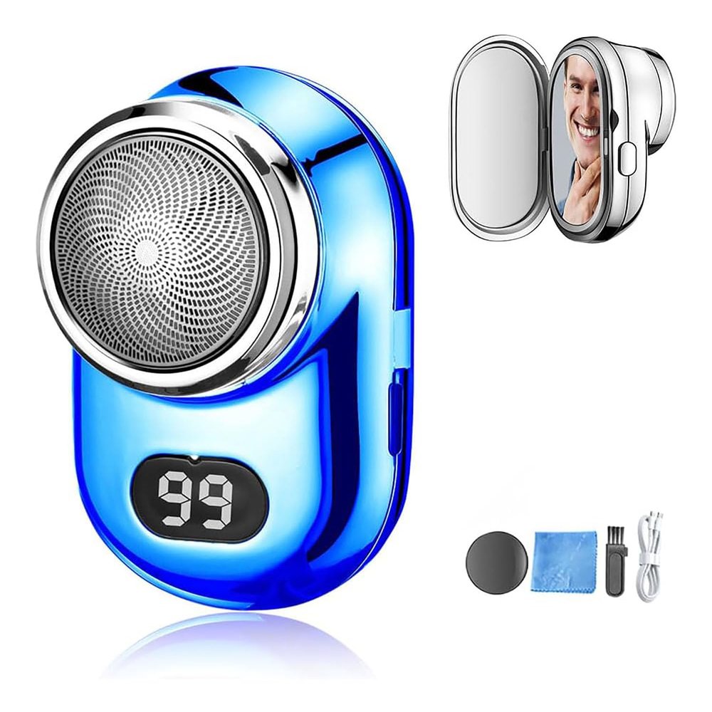 Mini Electric Shaver, Digital Display Shaver with Mirror, Portable Washable Electric Shaver, Men's Pocket Size USB Rechargeable Shavers for Travel (Blue)