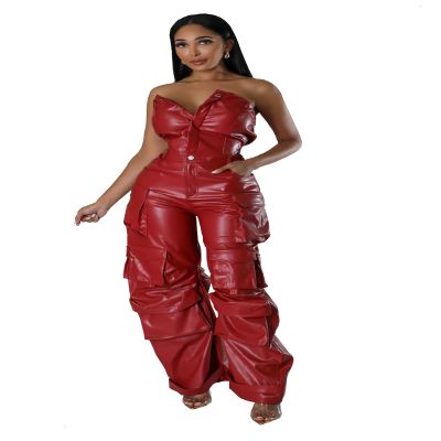 SDGHH-8MMDM Leather Jumpsuit for Women Sexy Strapless Tube Top Tight PU Cargo Pants Jumpsuit Bodysuit Faux Leather Leggings High Waisted Pleated Tights Splits,Red,S