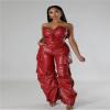 SDGHH-8MMDM Leather Jumpsuit for Women Sexy Strapless Tube Top Tight PU Cargo Pants Jumpsuit Bodysuit Faux Leather Leggings High Waisted Pleated Tights Splits,Red,S view 2
