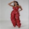 SDGHH-8MMDM Leather Jumpsuit for Women Sexy Strapless Tube Top Tight PU Cargo Pants Jumpsuit Bodysuit Faux Leather Leggings High Waisted Pleated Tights Splits,Red,S view 3