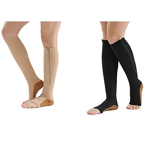 Citywalk 2pair Compression Stockings Nylon Zipper Compression Sock Leg Knee Support Open Toe Preventing (Color/Black) XXL