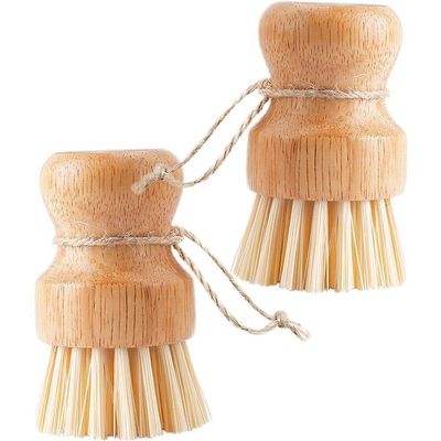Luxylei 2pcs Wooden Dish Scrub Brushes, Pot Scrubbing Brush, Round Mini Dish Brush, Kitchen Cleaning Scrubbers for Cleaning Pots, Pans, Plate