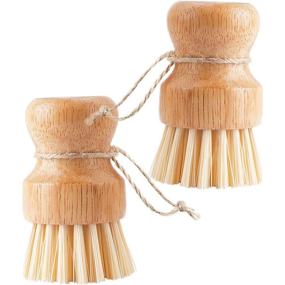 Luxylei 2pcs Wooden Dish Scrub Brushes, Pot Scrubbing Brush, Round Mini Dish Brush, Kitchen Cleaning Scrubbers for Cleaning Pots, Pans, Plate