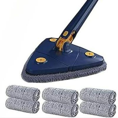 360 Adjustable Rotating Cleaning Mop Triangular Mop with Compressed Water Automatic Cleaning for Kitchen, Walls, Ceiling, Corners (Blue + 6 Fabric)