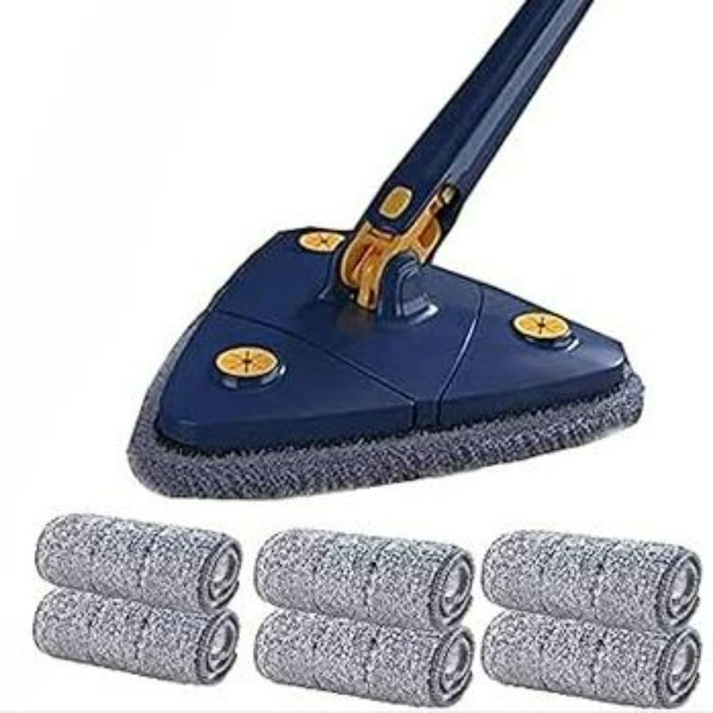 360 Adjustable Rotating Cleaning Mop Triangular Mop with Compressed Water Automatic Cleaning for Kitchen, Walls, Ceiling, Corners (Blue + 6 Fabric)