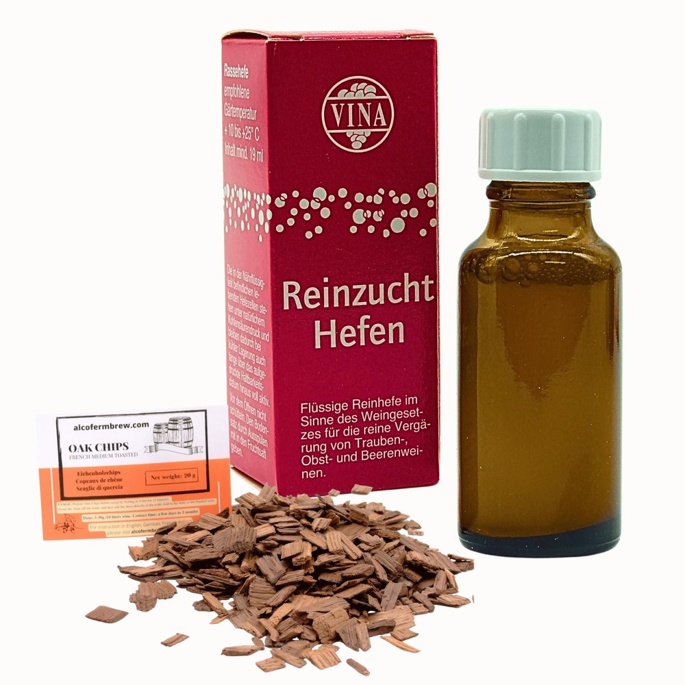 AlcoFermBrew Sherry Liquid Wine Yeast 19ml for 50L + Oak Chips, Vina Yeast for Wine