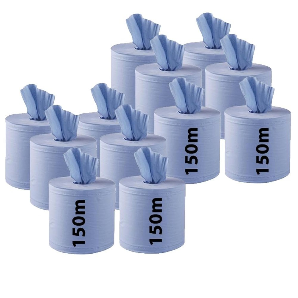 12 x Blue Rolls 150m Each Roll - Centrefeed Dense Hard Quality Rolls Flat Sheet ROLL Flat Paper Wipe Towel Tissue - Business - Home - Commercial 1,800m | 4500 Sheets Total CHSA