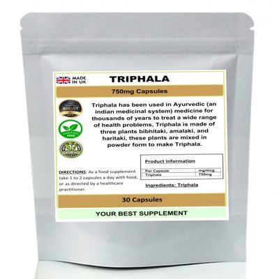 Triphala Capsules 750mg 100% Pure (Super Strength) No addtivies No fillers (30)