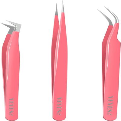 VEYES INC Lash Tweezers for Eyelash Extensions Fiber Tip Pink Tweezers Kit3pcs Contains Isolation,Curved and Volume Lash