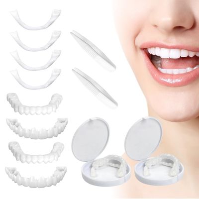 2 Pairs Moldable False Teeth Temporary Dentures Silicone Instant Perfect Smile Veneers Teeth, Temporary Fake Teeth Top and Bottom Set Cover The Bad Teeth for Men Women