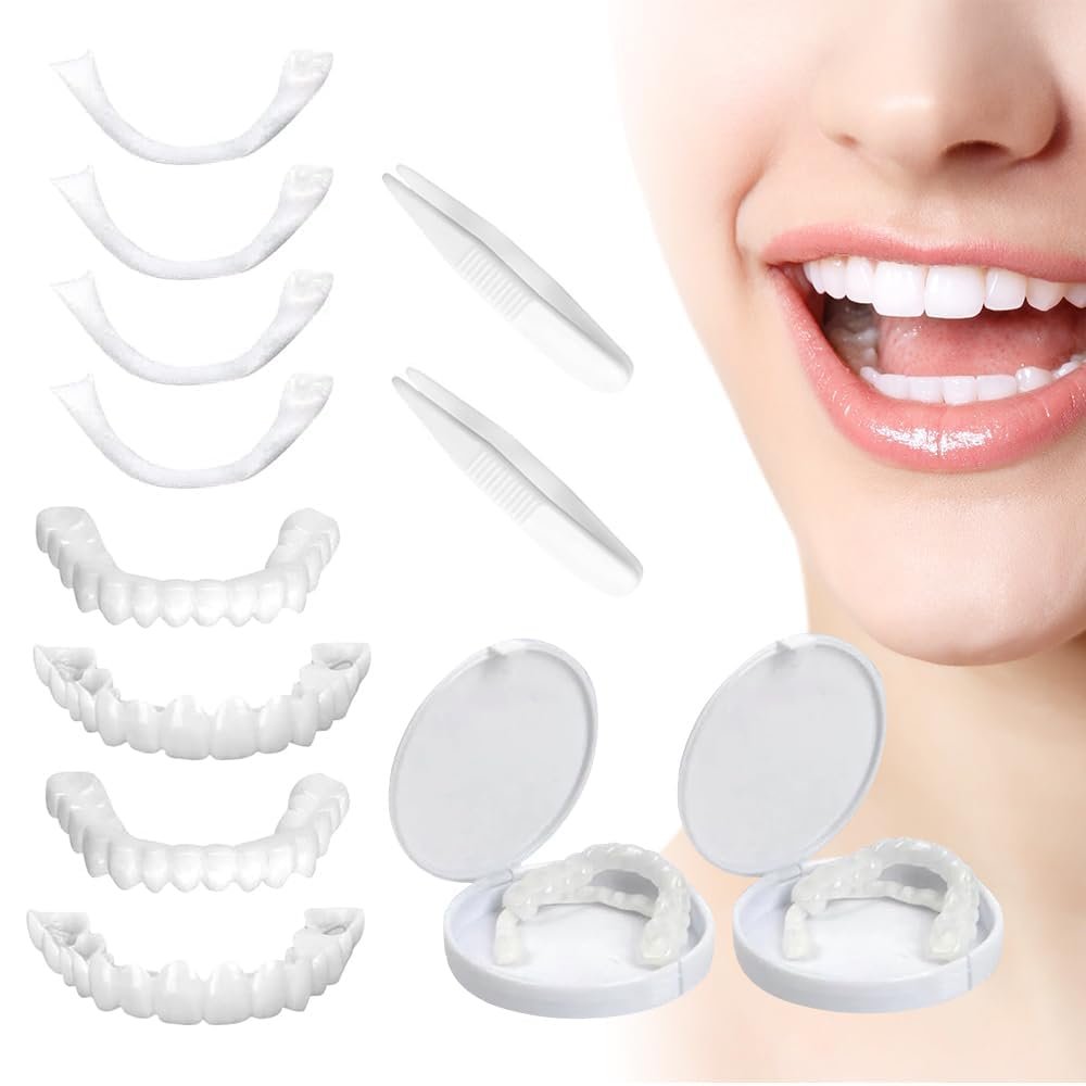 2 Pairs Moldable False Teeth Temporary Dentures Silicone Instant Perfect Smile Veneers Teeth, Temporary Fake Teeth Top and Bottom Set Cover The Bad Teeth for Men Women