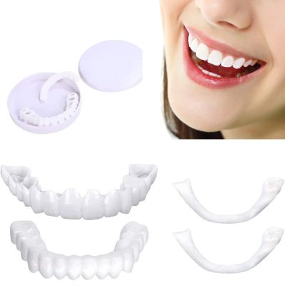 2 Pairs False Teeth Set Fake Teeth Top and Bottom Instant Veneers Dentures, Snap-On Dentures Whitening Artificial Teeth Covers with Tweezers for Men Women with Bad Teeth