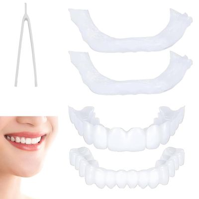2 Pairs Temporary Dentures Silicone Instant Veneers Dentures Top and Bottom, Fake Teeth Braces Missing Tooth Replacement Kit Dentures for Man and Women Confidence Smile