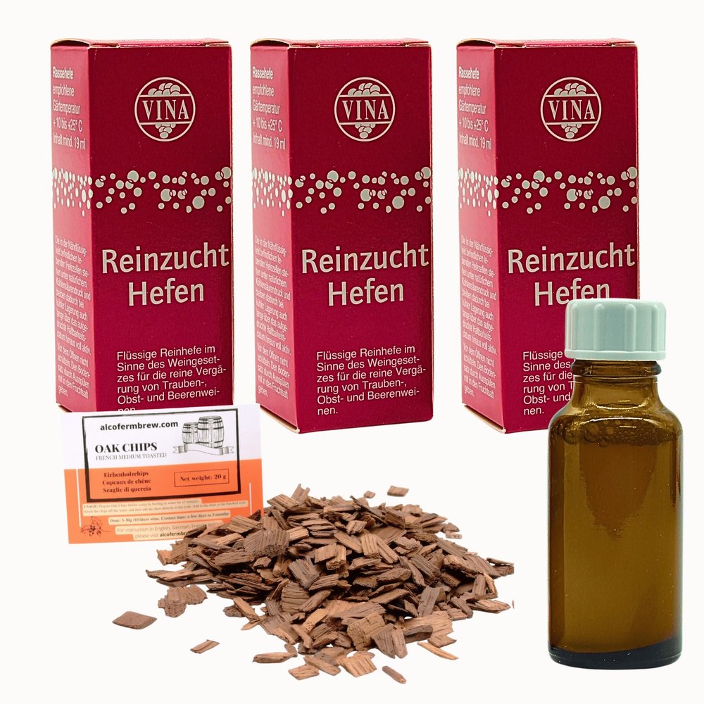 AlcoFermBrew 3 x Deidesheim Liquid Wine Yeast 19ml for 50L, Vina Yeast for Wine, Oak Chips