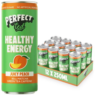 PerfectTed Juicy Peach Healthy Energy Drink, 12 x 250ml Cans, All-Natural Green Tea Caffeine (80mg) & L-Theanine | Low Calorie (43KCAL) | Vegan | Gluten-Free | No Added Sugar