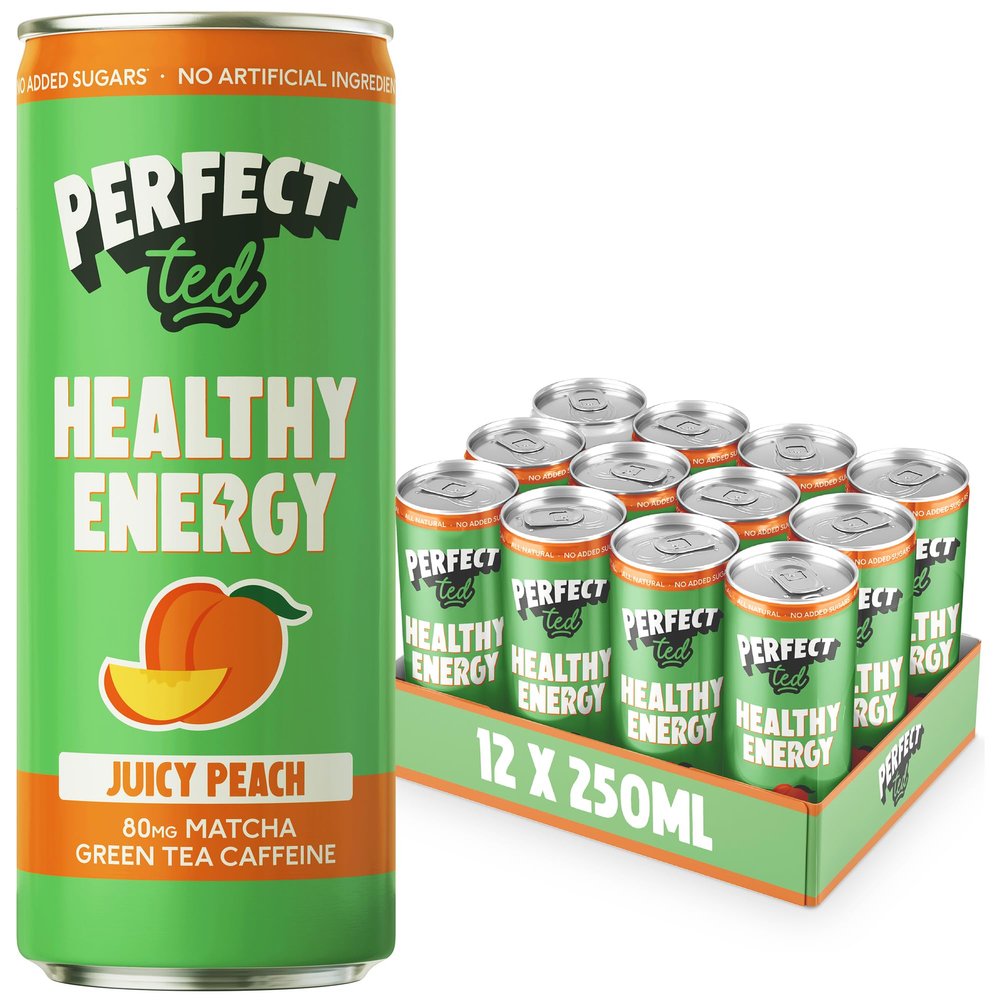 PerfectTed Juicy Peach Healthy Energy Drink, 12 x 250ml Cans, All-Natural Green Tea Caffeine (80mg) & L-Theanine | Low Calorie (43KCAL) | Vegan | Gluten-Free | No Added Sugar