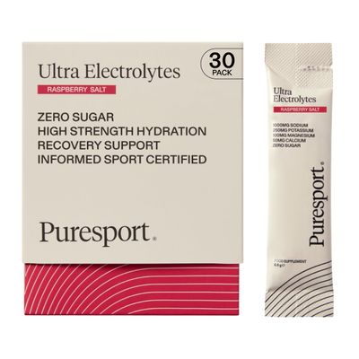 Puresport Ultra Electrolytes Hydration Raspberry Salt Sachets (30 Pack), High Performance Sugar Free Electrolytes Powder, 1000mg Sodium, Optimise Hydration & Support Muscles, Travel-Friendly Format
