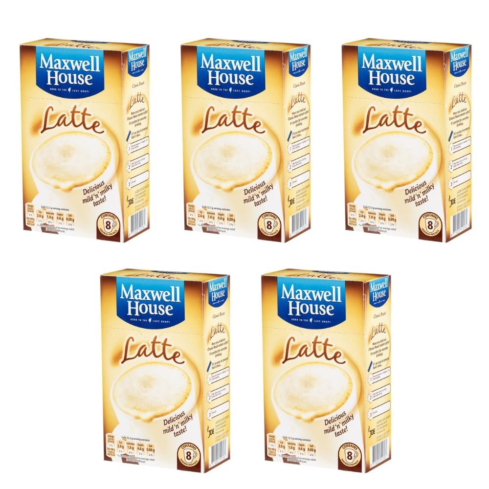 Maxwel House Latte 8 Pack - Delicious Mild And Milky Taste - 8 Servings - Pack of 5 x 8 x 12.5g