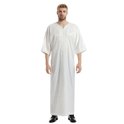 Adhdyuud Men Muslim Jubba Thobe Islamic Satin Ramadan Abaya Dress Long Robe Saudi Jubah Dubai Caftan 01 white 3XL