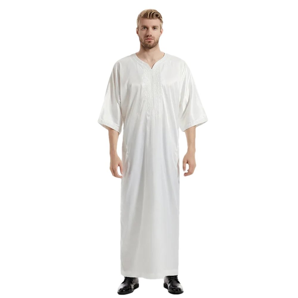 Adhdyuud Men Muslim Jubba Thobe Islamic Satin Ramadan Abaya Dress Long Robe Saudi Jubah Dubai Caftan 01 white 3XL