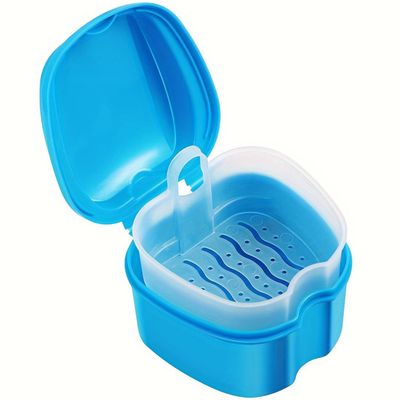Cleaning Set for Dentures, Dentures, Cup Box, Bathing Dentures, Container with Hanging Sieve, Dentures for Storage, Travel (Blue)