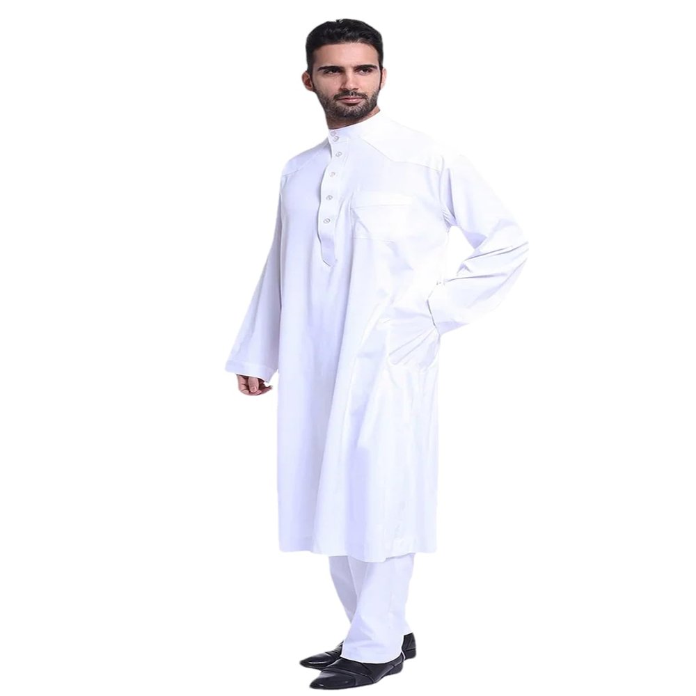 Adhdyuud Men Muslim Arabic Jubba Thobe Button Robe+Pants 2Pcs Suit Saudi Arabia Eid Turkey Kurtas Islamic Abaya White XXL