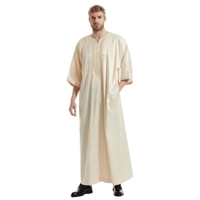 Adhdyuud Men Eid Muslim Islamic Jubba Thobe Satin Embroidery Kimono Long Robe Saudi Caftan Islam Dubai Abaya Beige XXL