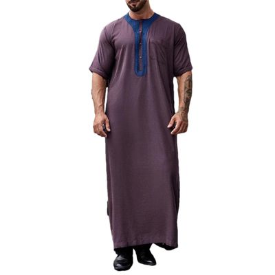 Adhdyuud Men Short Sleeve Button Muslim Kaftan Thobe Casual Round Neck Arabic Islamic Middle Eastern Robe Deep Purple S