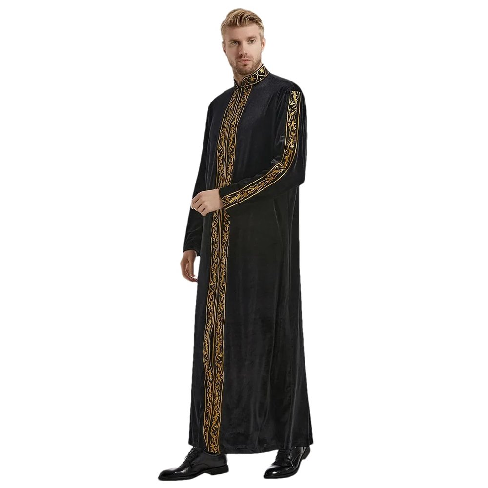Adhdyuud Men Muslim Jubba Thobe Islamic Kaftan Thoub Arabic Saudi Robe Dress Caftan Thawb Ramadan Gown Middle East Black M
