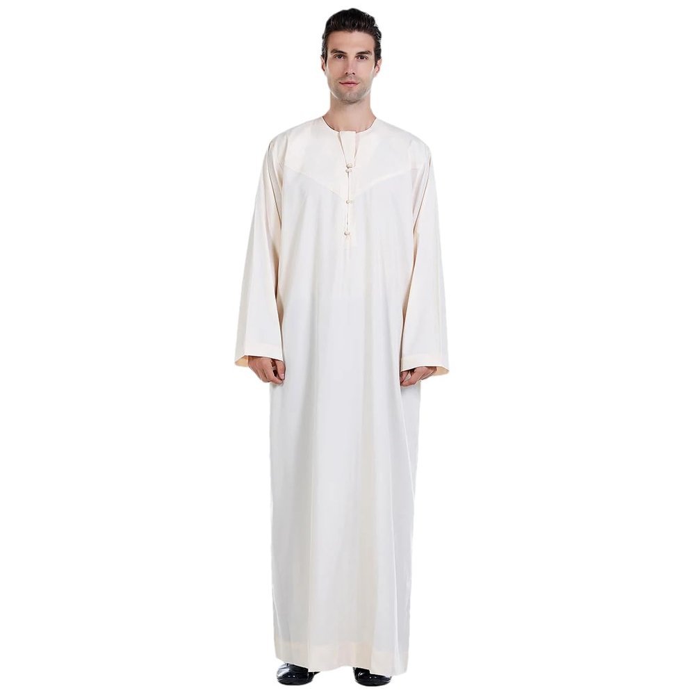 Adhdyuud Men's Dubai Arab Robes Muslim Round Neck Long Sleeve Dubai Middle East Islamic Ramadan Caftan Thobe Beige S