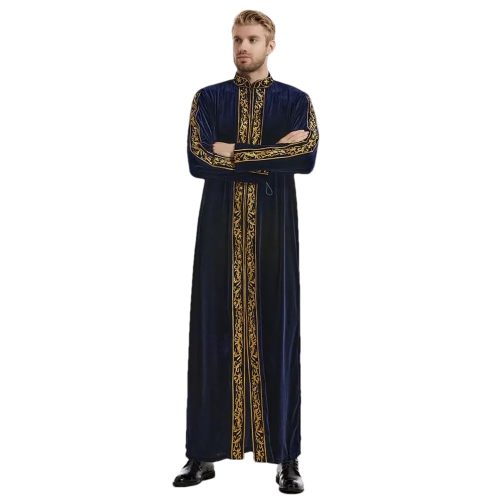 Adhdyuud Men's Middle East Muslim Embroidery Robe Arabian Islamic Prayer Dress National Caftan Thobe Navy Blue L
