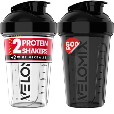 VELOMIX -2 PACK- upto 600ml Protein Shaker Bottle - 2x Wire Mixball for Lump-Free Shakes | Leak Proof Shaker for Protein Shakes | Protein Shake Bottle for Mixing Powdered Shakes | BPA-Free Shaker Cup
