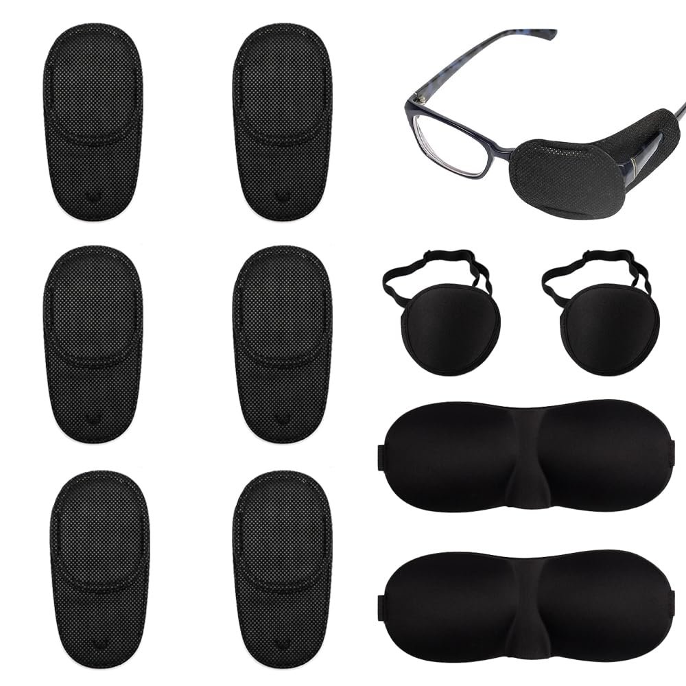 10Pcs Glasses Eye Patch Black Non-Woven Fabric Eye Patches Soft Adjustable Eye Patches for Lazy Eye Amblyopia Strabismus and Soft Sleep Mask for Women Men Zero Eye Pressure Sleeping