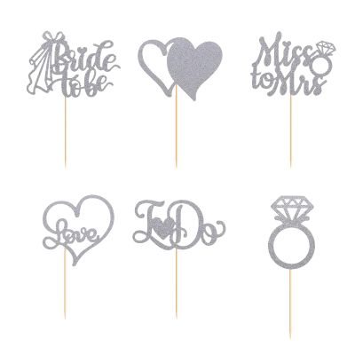 12Pcs Cupcake Toppers, Cake Toppers with Diamond Ring Bride, 3D Heart Wedding Dress Cupcake Topper for Bridal Shower Wedding Engagement Bachelorette Party Cake Decorations Supplies, Silver