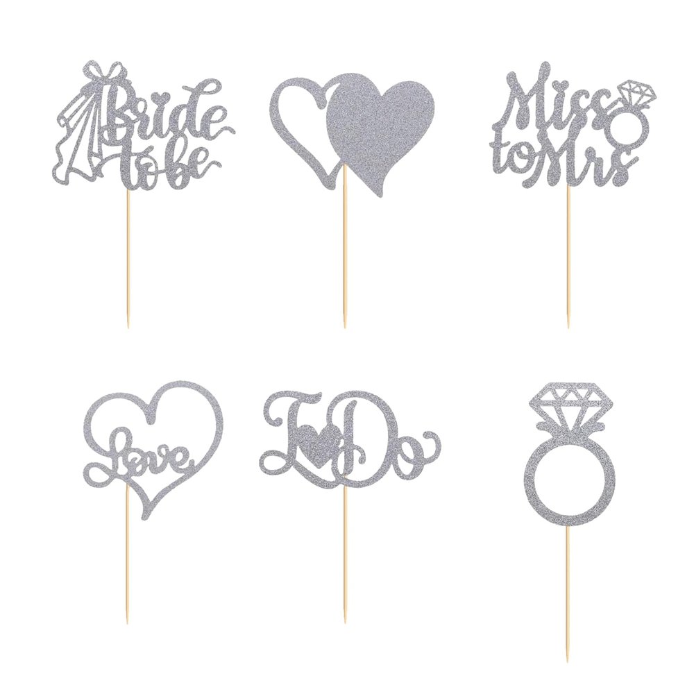 12Pcs Cupcake Toppers, Cake Toppers with Diamond Ring Bride, 3D Heart Wedding Dress Cupcake Topper for Bridal Shower Wedding Engagement Bachelorette Party Cake Decorations Supplies, Silver
