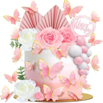 19/41/51 PCS Flower Boho Cake Toppers Pink Butterfly Happy Birthday Cake Topper for Wedding Baby Shower Party (Pink 52PCS)