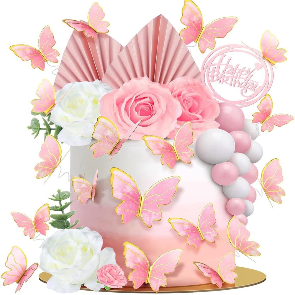 19/41/51 PCS Flower Boho Cake Toppers Pink Butterfly Happy Birthday Cake Topper for Wedding Baby Shower Party (Pink 52PCS)