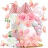 19/41/51 PCS Flower Boho Cake Toppers Pink Butterfly Happy Birthday Cake Topper for Wedding Baby Shower Party (Pink 52PCS) view 1