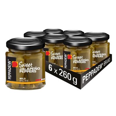 PEPPADEW Sweet Jalapeo Peppers, Vegan, Gluten Free, Mild Spice, Jalapeo Halves, Perfect for Topping Salads, Burgers and Pizza, Pack of 6 Jars x 260g